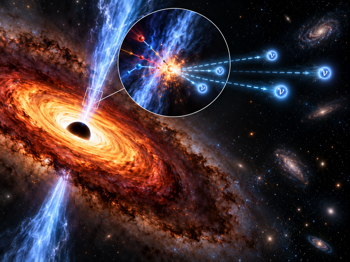Conceptual illustration of neutrinos produced by energetic astrophysical phenomena