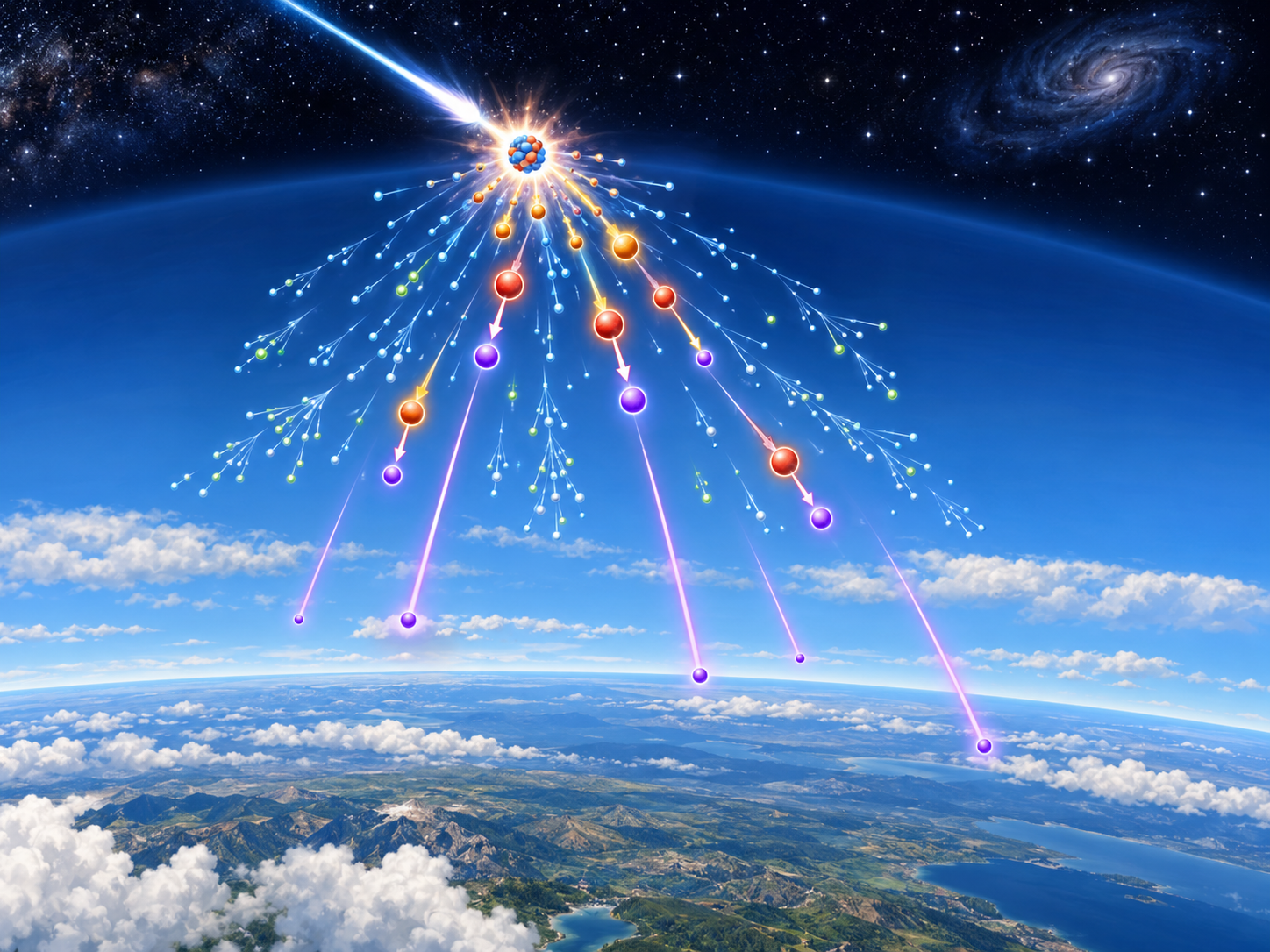 Conceptual illustration of atmospheric particle showers and cosmic-ray muons