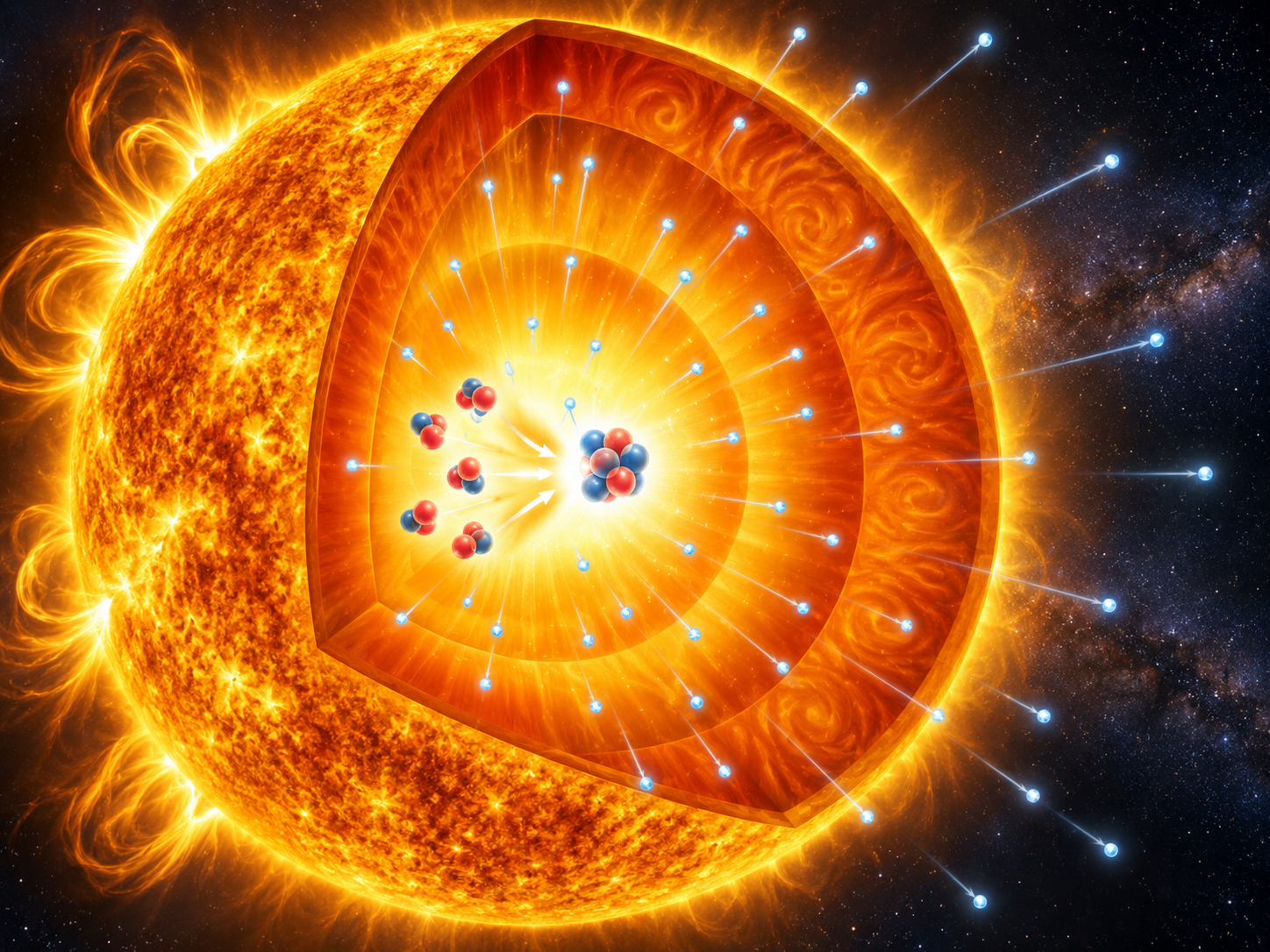 Conceptual illustration of neutrinos produced in the Sun