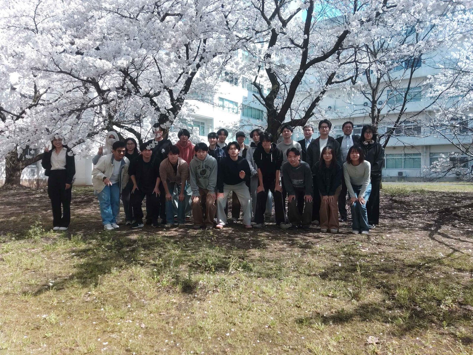 Laboratory members gathered beneath the cherry blossoms on April 3, 2026.