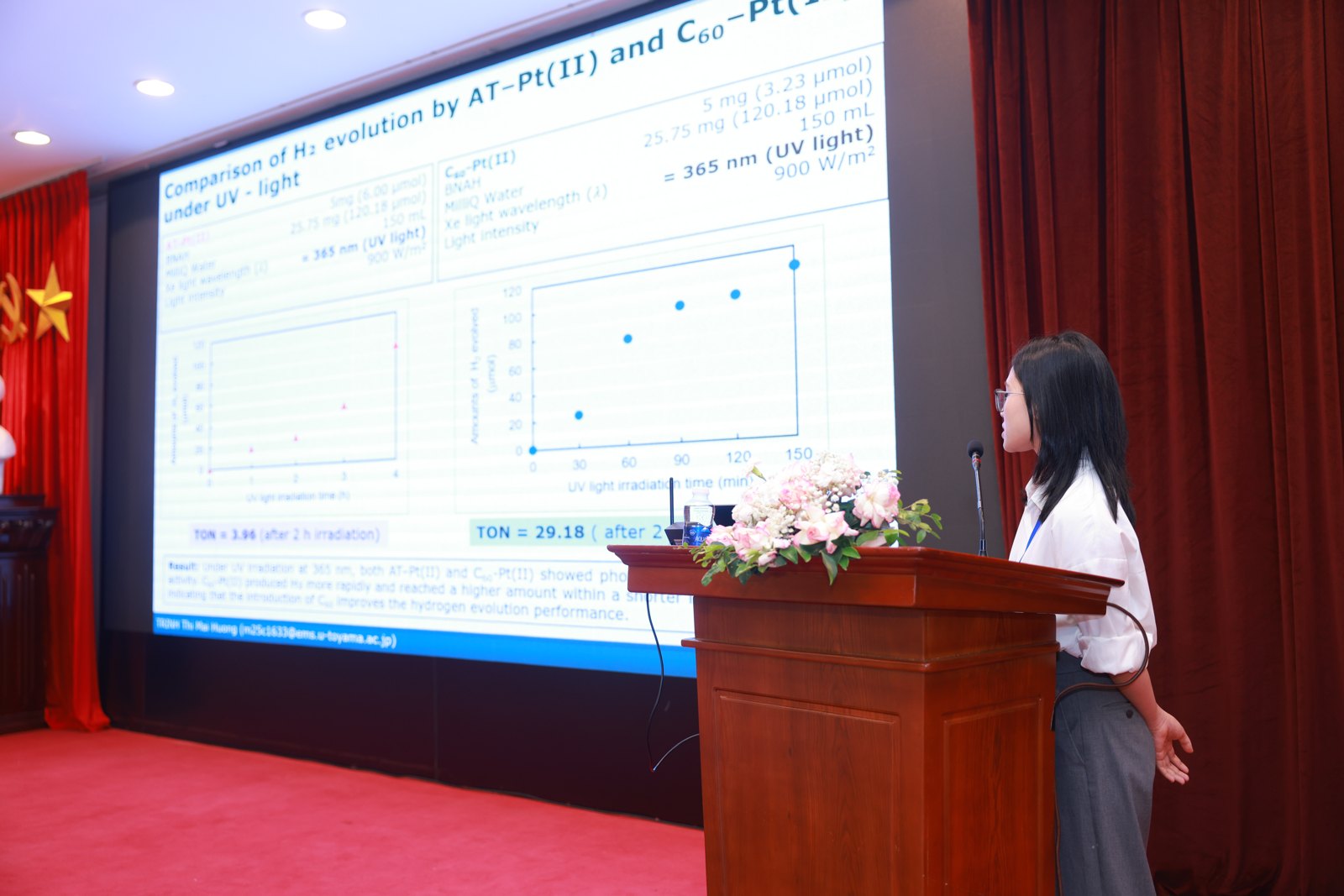 Huong Thi Mai Trinh presenting her research on molecular hydrogen-evolving devices.
